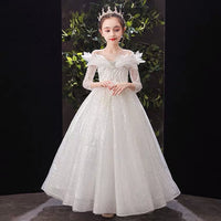 Long sleeve white flower girl dress sequin ball gown
