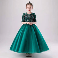 Green sequin ball gown for little girl half sleeve