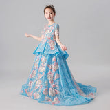 Short sleeve little girl's blue embroidered ball gown with train