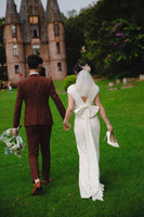 V neckline backless modest ivory wedding dress