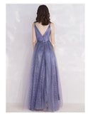 Spaghetti straps dusty blue sparkly prom dress