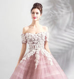Light pink applique wedding gown off the shoulder flower fairy dress