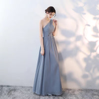 Gray Blue bridesmaid dress one shoulder halter v neck long