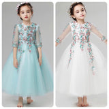 Long sleeve ankle length kid's gown embroidered flower girl dress