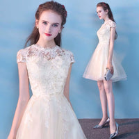 Champagne lace tulle prom dress