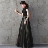 High neckline embroidered black prom dress
