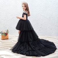 Little girl’s high low black ball gown