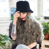 Black bucket hat with grey green curly wigs
