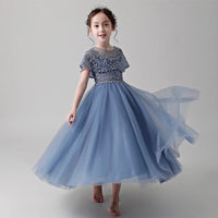 Girl's blue gown with pearls and sequin