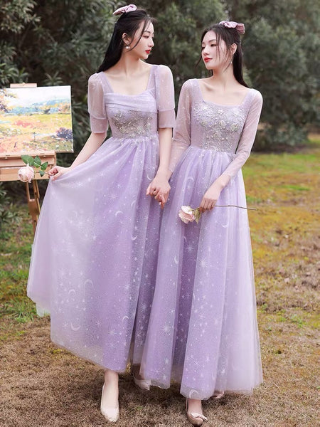 V-Neck Sheath Lilac Long Bridesmaid Dresses with Slit FD2110 – Viniodress
