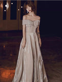 Off the shoulder sparkly champagne prom dress
