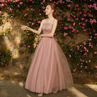 Floor length long dark pink tulle bridesmaid dresses