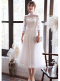 Half sleeve high neckline white prom dress