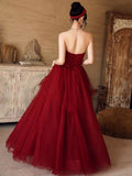 Dark red prom dress off the shoulder tulle dress
