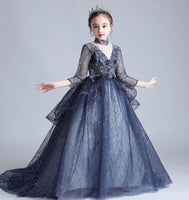Half sleeve dark blue little girl’s ball gown