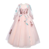 Long sleeve pink embroidered girl's ball gown kid's dress