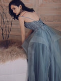 Spaghetti straps embroidered dusty blue prom dress