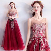 Burgundy prom dress embroidered tulle gown