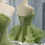 Green spaghetti straps prom dress