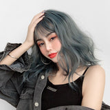 Short curly dusty blue synthetic wig かつら