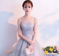 Sequin tulle prom dress transparent shoulder gray party dress short gown
