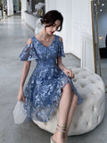 Embroidered floral blue prom dress pink floral bridesmaid dress