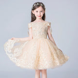 Off the shoulder embroidered little girl's champagne ball gown
