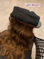 Black hat with brown wavy wigs