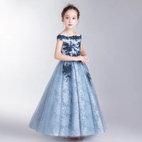 Off the shoulder printing blue flower girl dress