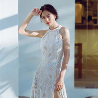 Backless white lace long dress slits