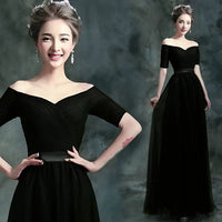 Mid sleeve black tulle prom dress long
