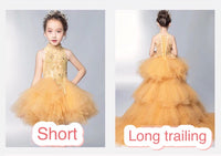 Yellow flower girl dress kid's party dress hi-lo ball gown