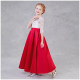 Middle sleeve floor length long little girl's red lace and satin dress