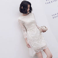 Middle sleeve beige lace and tulle short prom dress