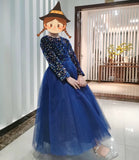 Long sleeve dark blue sequin little girl's ball gown