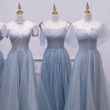 Floor length long dusty blue bridesmaid dresses