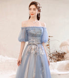Off the shoulder blue embroidered prom dress