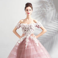 Light pink applique wedding gown off the shoulder flower fairy dress