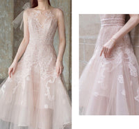 Champagne pink short lace wedding gown