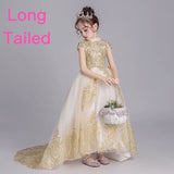 Sleeveless high neckline embroidered little girl’s golden prom dress