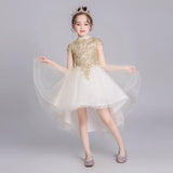 Sleeveless high neckline embroidered little girl’s golden prom dress
