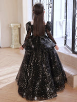 Long sleeve black ball gown for girl floor length long