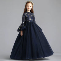 Long sleeve dark blue flower girl dress embroidered and tulle kid's gown