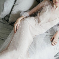 V neckline long sleeve modest wedding dress with pearls