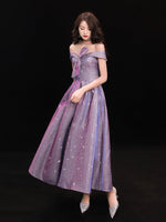 Sparkly purple prom dress off the shoulder