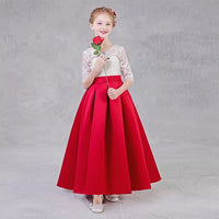 Middle sleeve floor length long little girl's red lace and satin dress