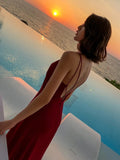 Backless red dress floor length long backless vacation dress