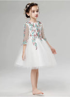 Long sleeve kid's short gown embroidered white flower girl dress