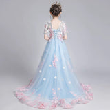 Short sleeve sky blue applique tailed ball gown
