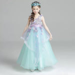 Light blue kid's gown party dress tulle prom dress v neck